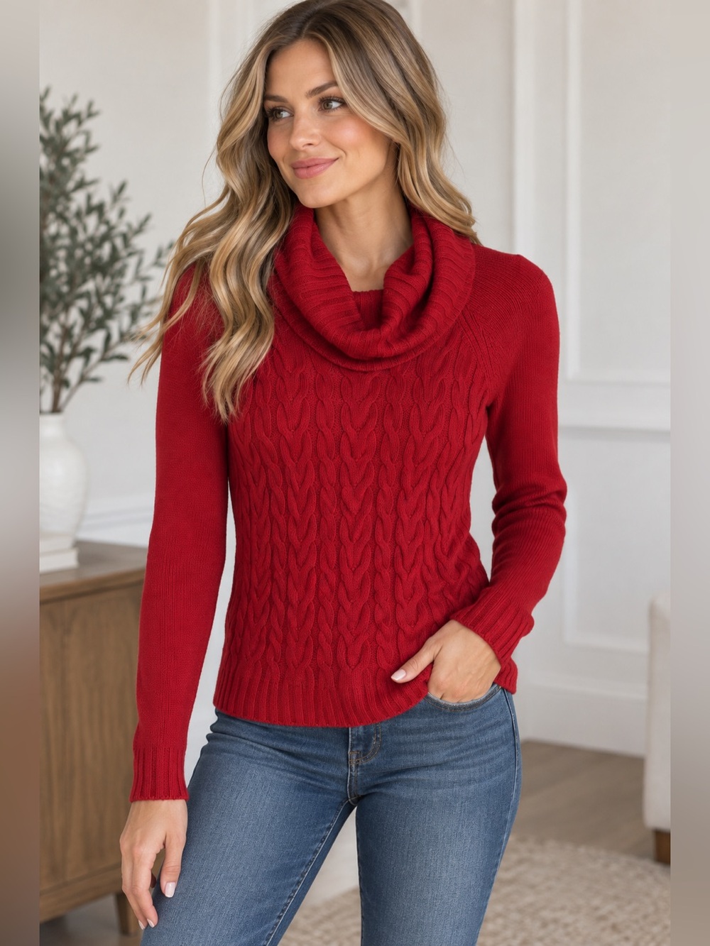 Banana Republic Red Cable Knit Cowl Neck Sweater